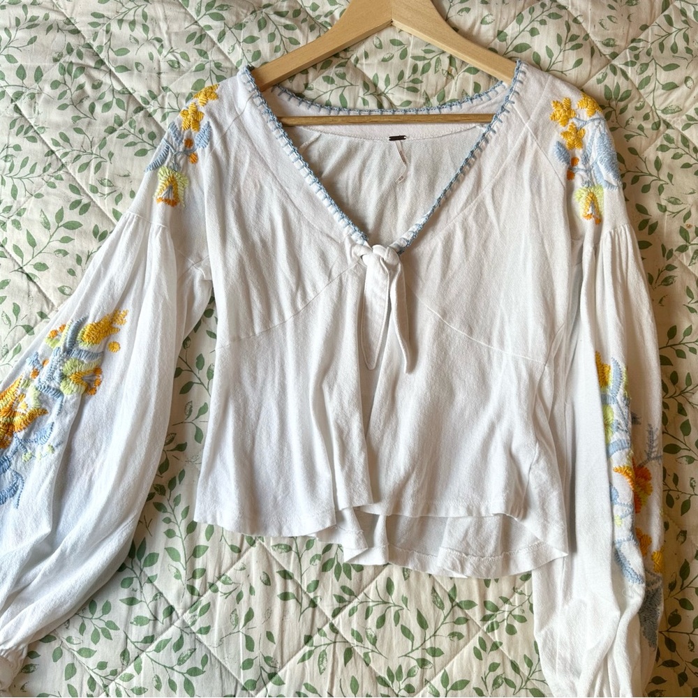 Free People Blouse Embroidered Balloon Sleeves Size XS
